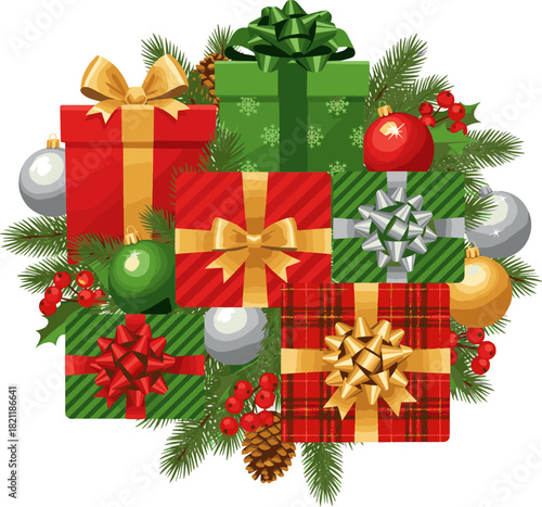 Create a Beautiful arrangement of wrapped gifts, shiny ball ornaments, and evergreen branches creating a festive holiday aesthetic vector art with white background.