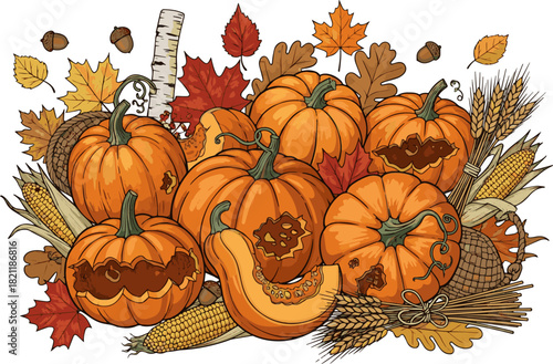 Create a Celebrate the beauty of the autumn harvest with this top view shot. Ripped pumpkins and quintessential fall items set against providing space for text or promotions vector art .