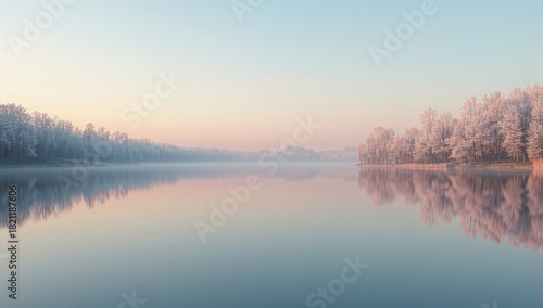 Serene Winter Landscape with Reflections on Calm Water at Dawn