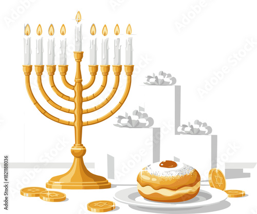 Create a golden menorah with lit candles sits beside blue gift boxes, a plate with a pastry, coins, and festive decor creating a warm Hanukkah mood on a white wall vector art with white background.