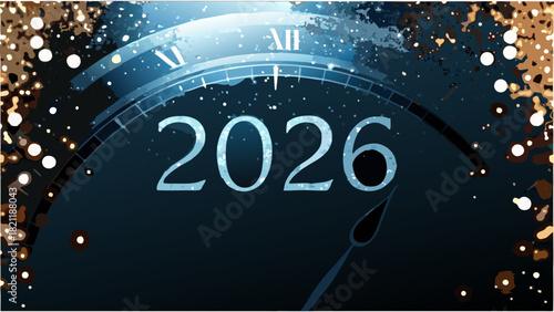 A clock face showing almost midnight with the year two thousand twenty six displayed prominently below it