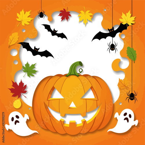 Create a Festive vertical Halloween-themed orange background featuring a pumpkin cutout, bats, ghosts, leaves, and spiders vector art with white background..