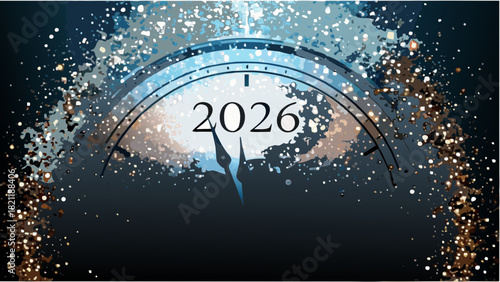 A clock face showing the year 2026 with hands pointing towards midnight surrounded by bokeh lights and sparkles