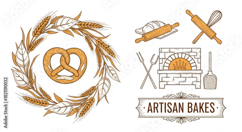 Rustic bakery vector elements with wheat wreath, bread oven, and kitchen tools for artisan food branding