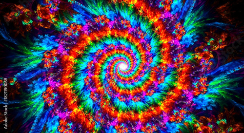 Vibrant psychedelic fractal spiral pattern with intense color explosion and hypnotic effect