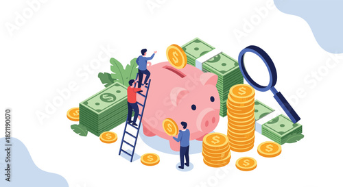 Isometric illustration of people saving money by putting coins into a large piggy bank, symbolizing investment, finance management, and wealth.