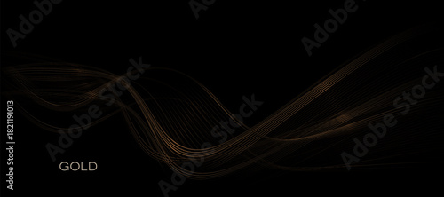 Isolated design component, gold exquisite shiny textured waves on black background.