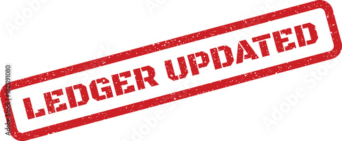 Official looking rubber stamp in a rectangular shape displays the prominent LEDGER UPDATED status for records