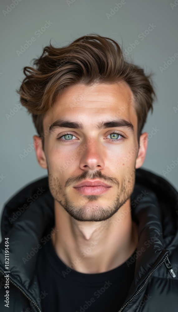 Obraz premium Young man with light brown wavy hair and blue eyes looking at camera. He has stubble and wears a black puffer jacket and t-shirt. The portrait is shot in a studio.