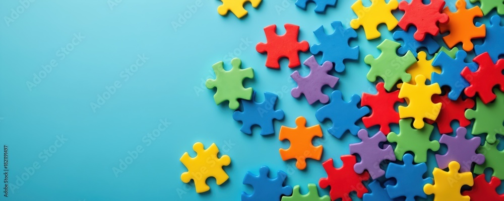 Naklejka premium Scattered colorful puzzle pieces on blue background, autism awareness, inclusion. Pieces represent individuality, unity in diversity. Celebrate differences, promote understanding, support autism