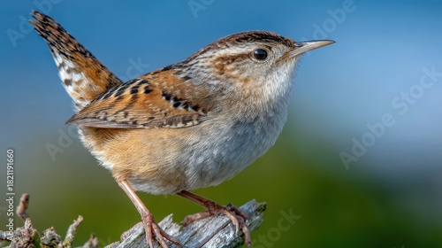 Playful Marsh Wren in Mid-Cleaving Waddle Under Vibrant Blue Skies: A Snapshot of Wildlife and Nature