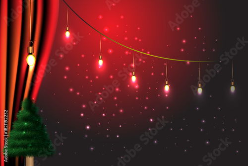 Happy new year 2026 Christmas background with red curtains and christmas tree. Vector illustration.