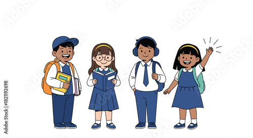 Diverse group of happy elementary school children in uniform standing together with backpacks and books, ready for back to school.