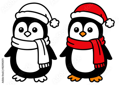 Dibujo sencillo con líneas de pingüino simpático con sombrero de Santa Claus y bufanda para tarjetas y felicitaciones de Navidad