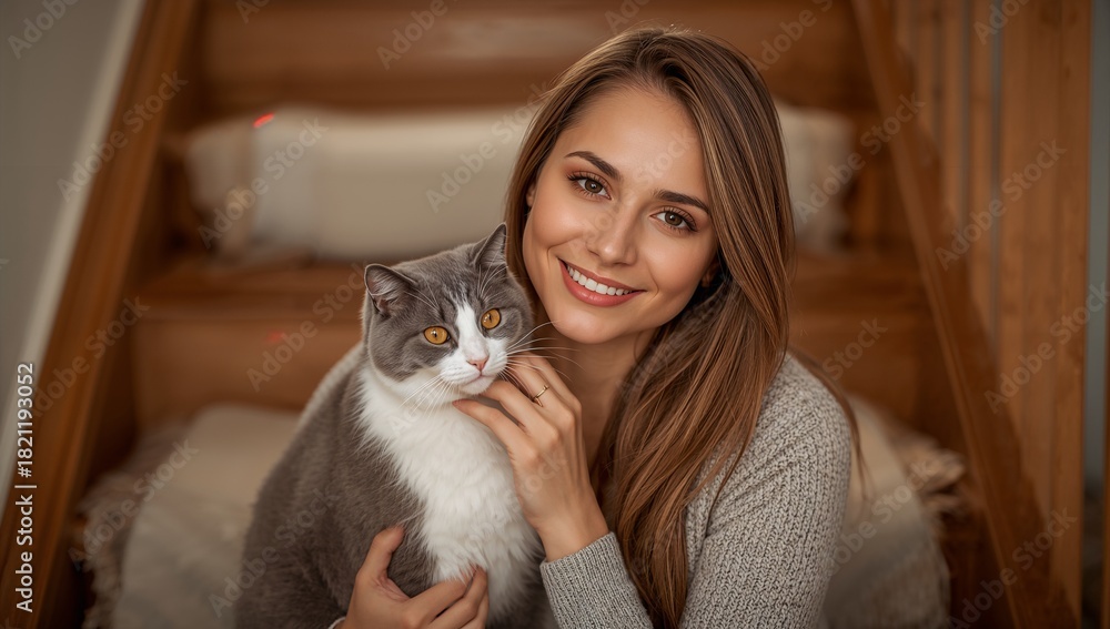 Obraz premium Woman Smiling While Holding Gray Cat on Stairs in Cozy Home Setting