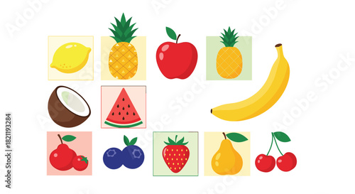 Colorful collection of various fresh fruit icons and illustrations, including apple, banana, pineapple, and berries for healthy eating concepts.