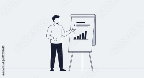Man presenting data and charts on a flip board during a business meeting or educational session, illustrating concepts.