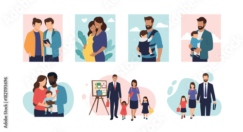 Diverse collection of modern family portraits, including same-sex couples, single parents, and multicultural families, celebrating love.