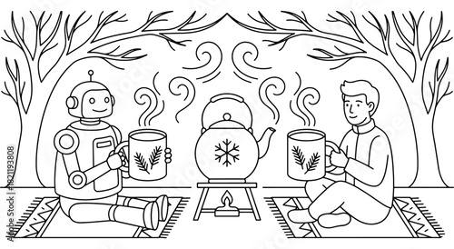 Robot and man enjoying hot drinks outdoors in winter, sharing a cozy moment under bare trees, line art style. Vector