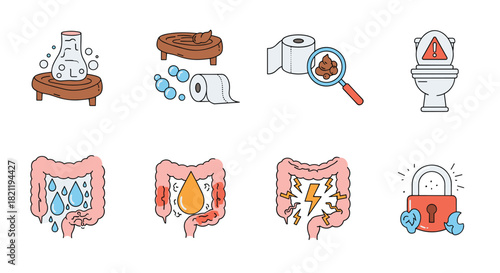 Collection of color line icons representing digestive system problems, including symptoms like diarrhea, constipation, and abdominal pain.