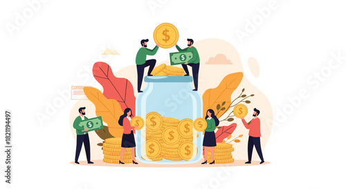 Flat illustration showing a diverse group of people contributing money to a large glass jar, representing crowdfunding and charitable donations.