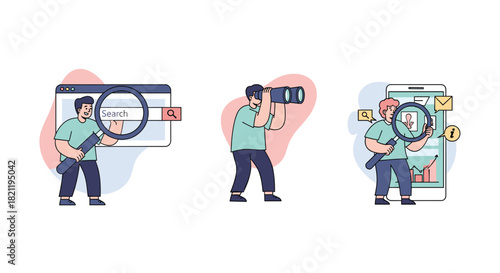 Set of illustrations showing a character searching for information online using a browser, smartphone, and looking ahead with binoculars.