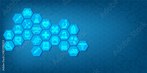 Medical background and healthcare abstract technology with flat icons. Design template of concept for hospital, health care business, innovation medicine, science. Vector illustration.
