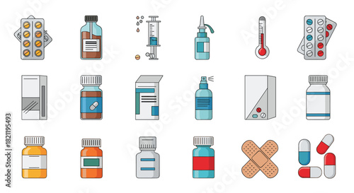 Collection of various medicines and medical supplies, including pills, bottles, a syringe, and bandages, in a colorful line icon style.