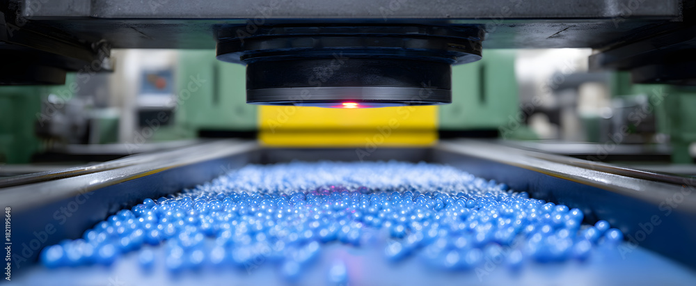 Fototapeta premium Plastic molding machine eagerly embraces resin pellets sparking creation and endless possibilities.