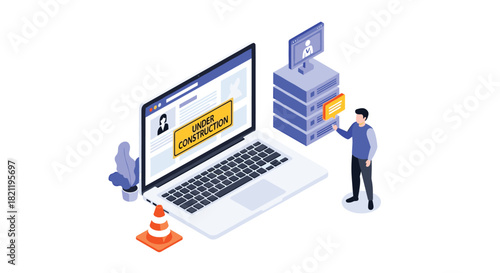 Isometric concept for a website under construction page, with a developer working on servers next to a laptop showing the maintenance message.