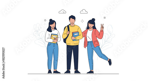 A friendly group of three diverse university or college students standing together with books, representing friendship and education.