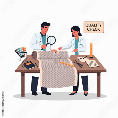 Professional textile experts conducting a meticulous quality inspection of woven fabric samples