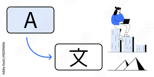 Blue arrow linking letters from different languages, person with laptop on bar chart, minimalist style. Ideal for translation, education, communication, technology, globalization, data analysis