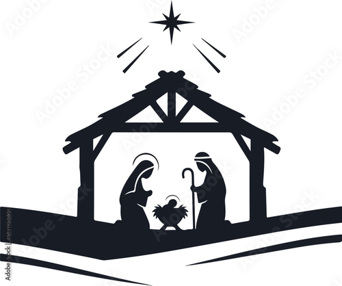 Sacred Nativity Silhouette: A serene silhouette portrays the holy family within a humble stable, the radiant star of Bethlehem shining above, capturing the essence of the holy moment.