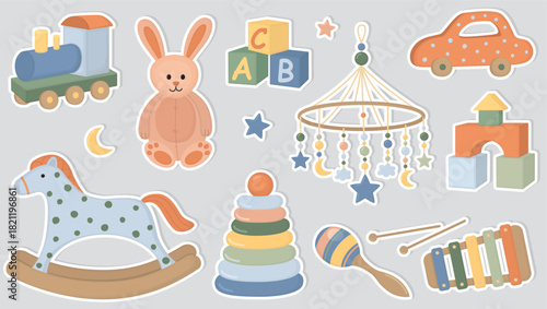 Set of cute stickers with colorful children’s toys. Baby mobile, building blocks, rattle, rocking horse, car, pyramid, bunny, xylophone and train 