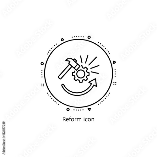Reform Process Icon With Hammer And Gear, System Change Improvement Symbol Vector Line Illustration Isolated On White Background Design

