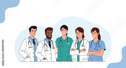 A diverse team of doctors and nurses standing together, representing a professional medical staff from a hospital or clinic with teamwork.