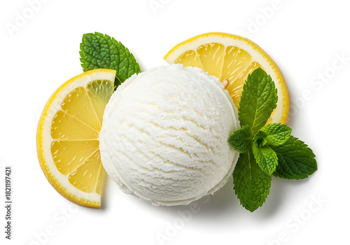 Scoop of refreshing lemon ice cream with fresh mint leaves and citrus slices