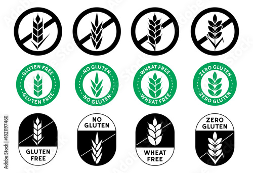 Wheat-Free Labels. Gluten-Free symbol set with stylized grain elements. Set of logo, stamps, tags