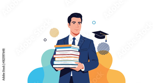 A handsome man in a suit holding a stack of books, with a graduation cap nearby, representing education, knowledge, and professional success.