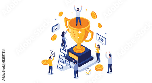 Isometric illustration of a team celebrating success, with a man standing on a giant gold trophy and colleagues cheering him on with coins.