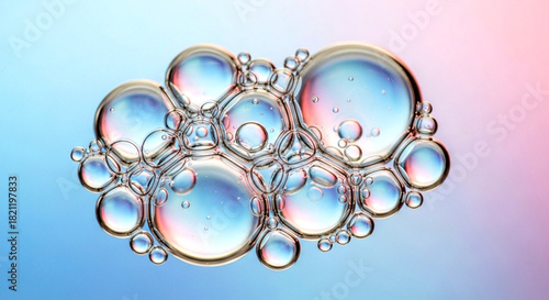 Close up of clear soap or water bubbles clustered together against a gradient background