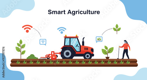 Flat design illustration of smart agriculture technology with a farmer managing crops and a tractor connected to wireless networks.