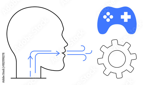 Head exhaling air shown with arrows, gear indicating process, game controller symbolizing technology. Ideal for themes thumbs up breath, technology, gaming, AI, communication, creativity flow