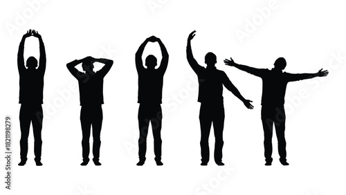 Five man silhouettes in various poses isolated on white background, Vector