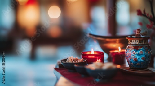 traditional Qingming altar adorned with incense, candles