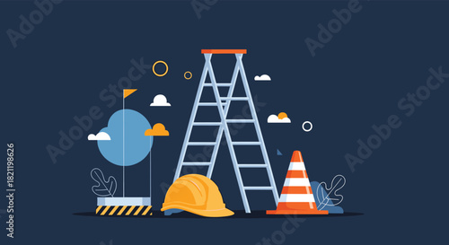 Flat design illustration of a construction or maintenance site with a ladder, safety helmet, and traffic cone on a dark blue background.