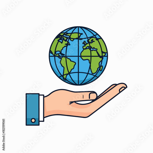 Illustration of a human hand holding a globe representing global care responsibility and environmental protection awareness