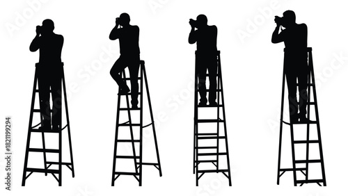 Photographers on ladders silhouettes isolated on white background, Vector