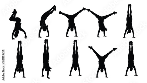 Handstand and acrobatic poses silhouettes isolated on white background, Vector
